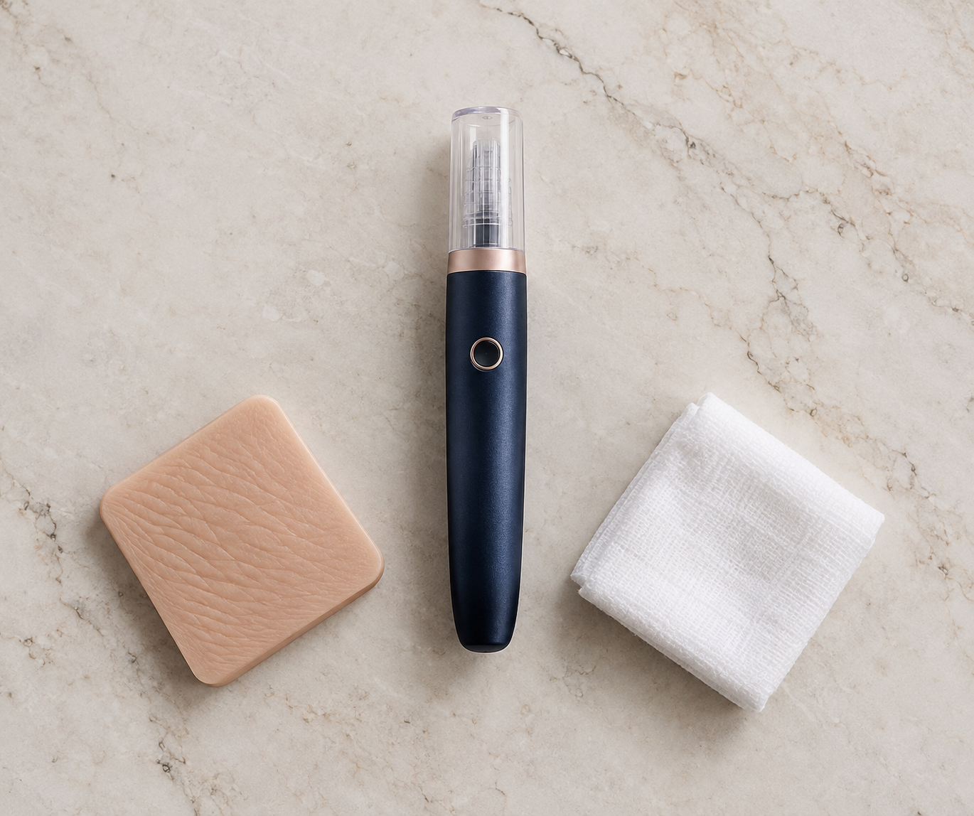 Abgedecktes Microneedling-Gerät zwischen einer Hautstrukturprobe und einem Baumwollpad.