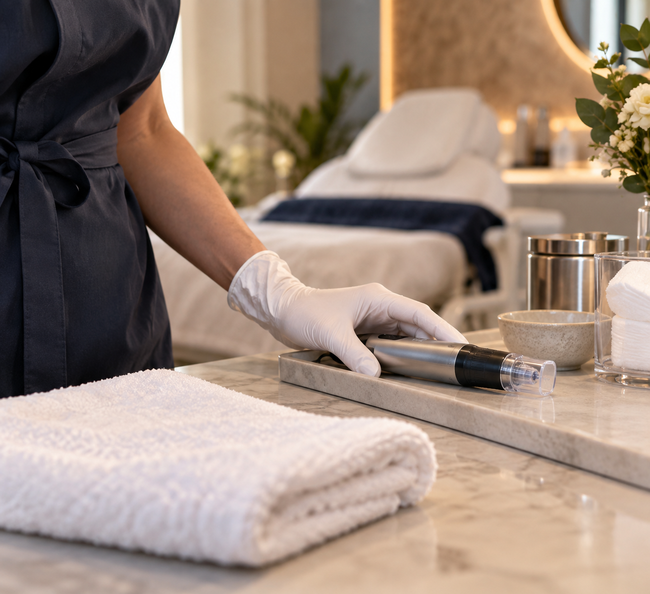 Behandschuhte Hand neben einem abgedeckten Microneedling-Gerät in einem vorbereiteten Behandlungsraum.