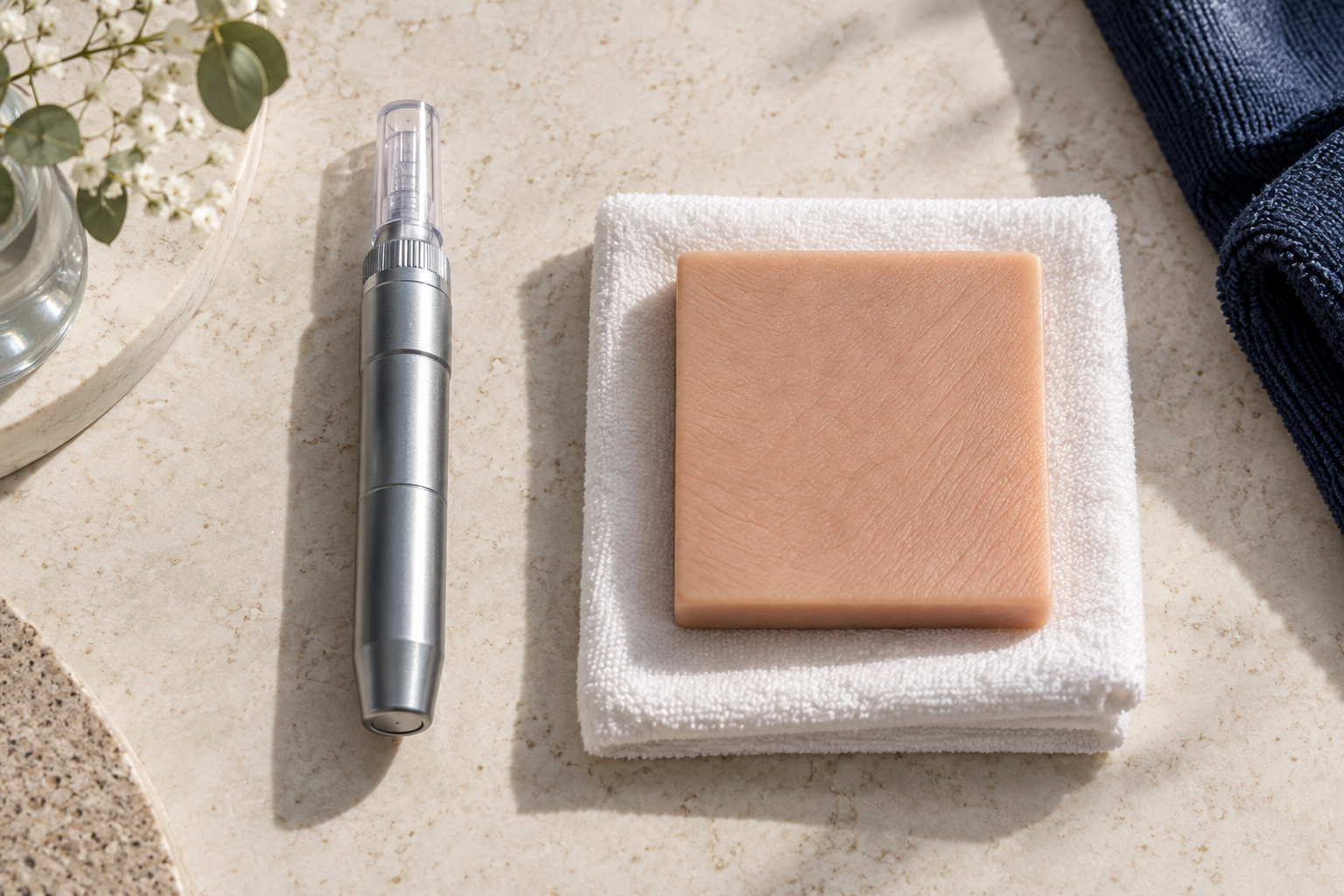 Microneedling-Gerät neben einer hautfarbenen Materialprobe auf einer hellen Oberfläche