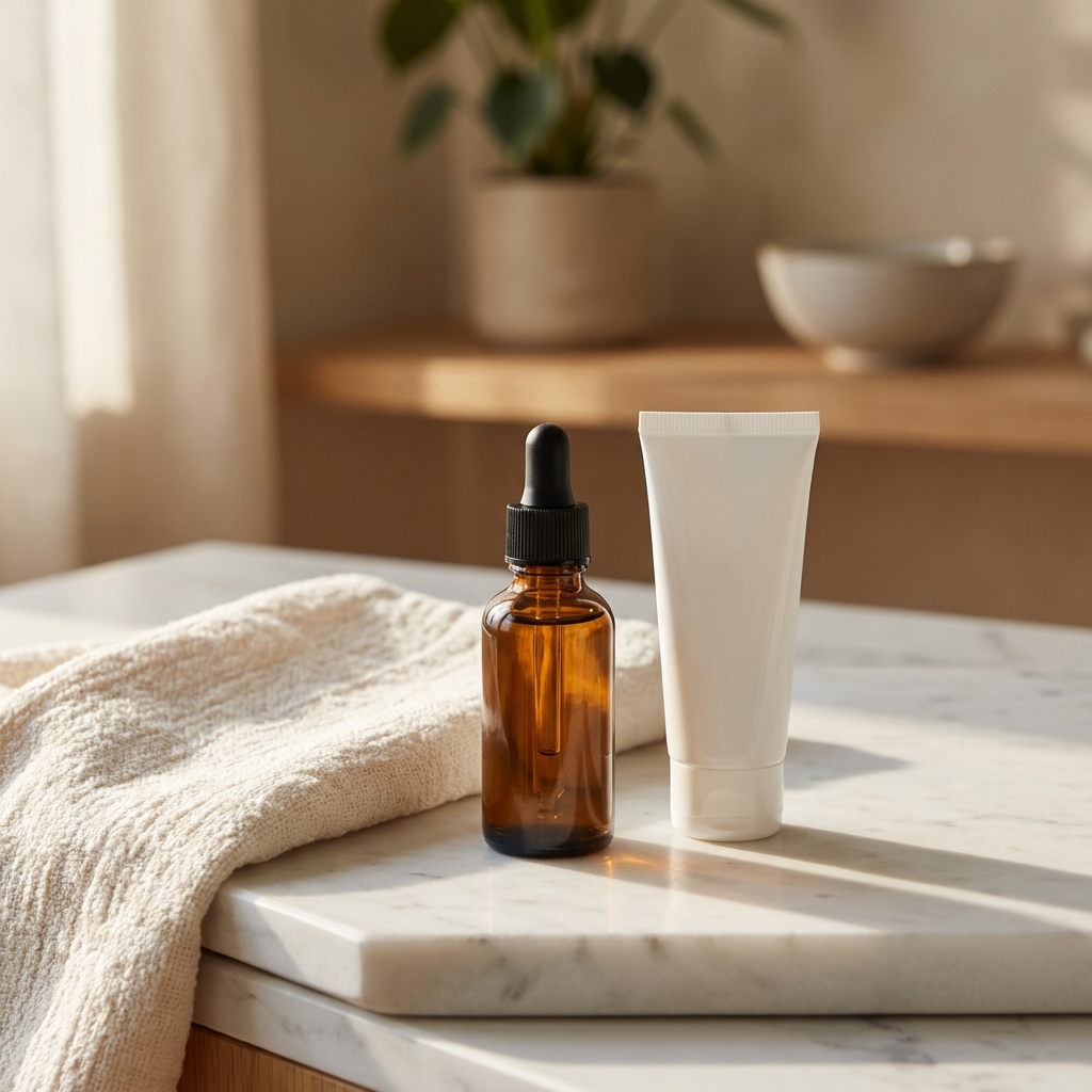 Serum und Sonnenschutz auf Marmoroberfläche als Nachsorge nach Microneedling bei großen Poren