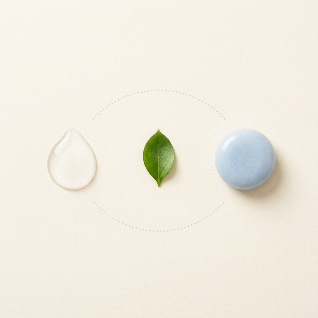 Visuelle Darstellung der drei Hydradermie-Schritte: Feuchtigkeit, Pflanzenwirkstoff und kühlende Massage