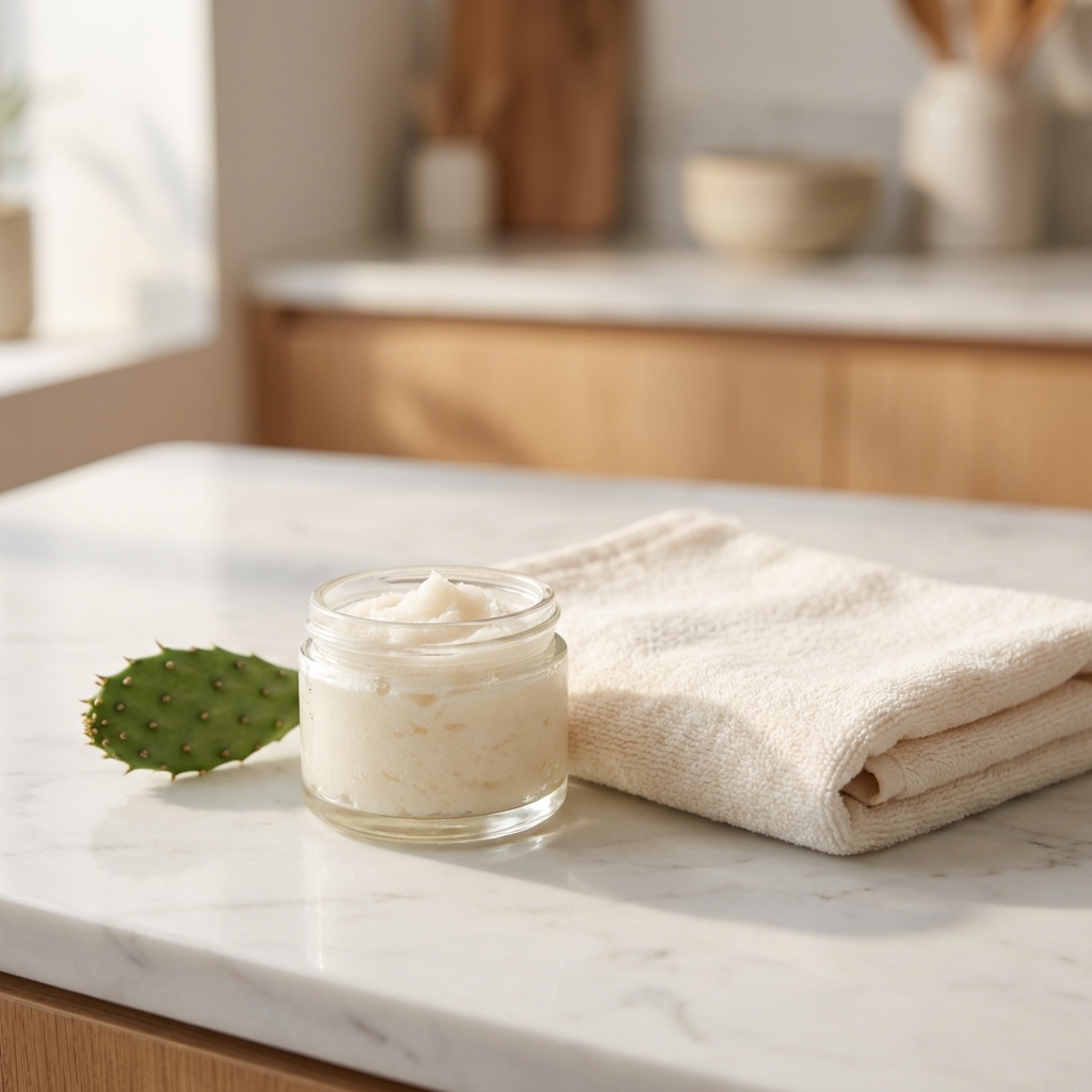 Leichte Pflegecreme, weiches Handtuch und Feigenkaktus auf Marmorfläche als Symbol für sanfte Nachpflege nach Hydradermie