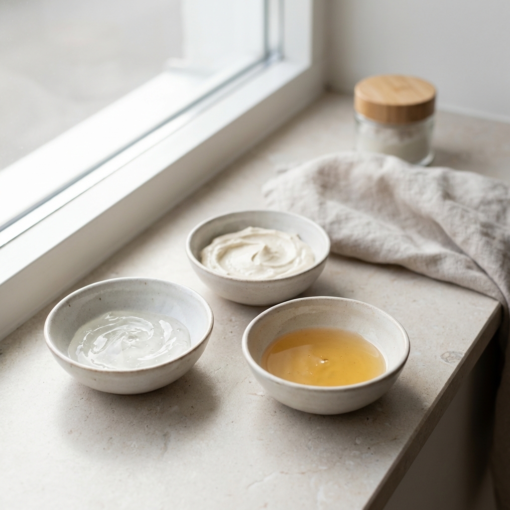 Drei Schälchen mit unterschiedlichen Pflegetexturen symbolisieren Hydradermie, Beauté Neuve und Liftosome