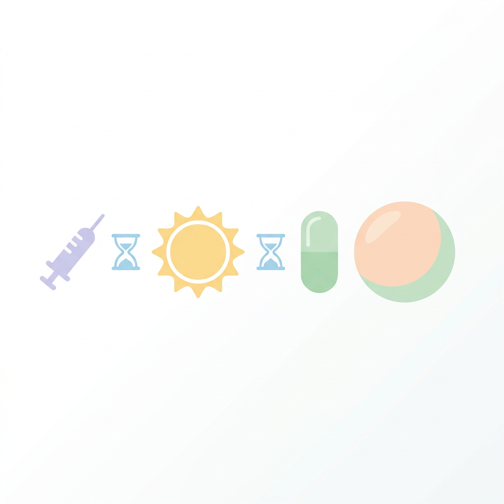Einfache Infografik ohne Text: Symbole für Eingriffe, Sonne und Medikamente mit Wartezeit-Symbol vor einer Gesichtsbehandlung