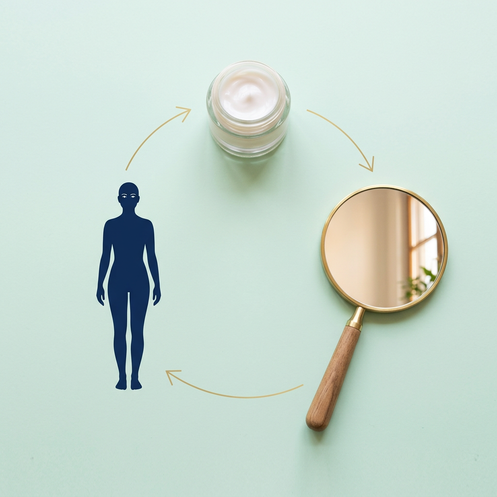Einfache Infografik zum Beauty Confidence Loop mit Pflegeprodukt, Spiegel und selbstbewusster Silhouette in einem Kreislauf