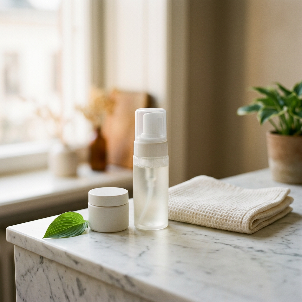 Einfache Hautpflege-Produkte für eine schnelle Morgenroutine auf einer hellen Oberfläche im Morgenlicht