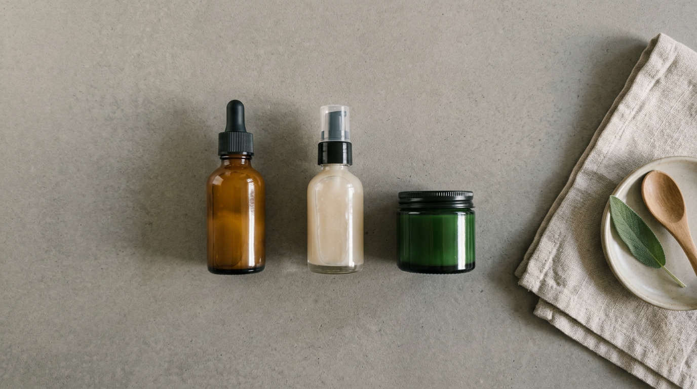 Drei Hautpflegeprodukte liegen in Reihe und symbolisieren eine einfache Abendroutine.