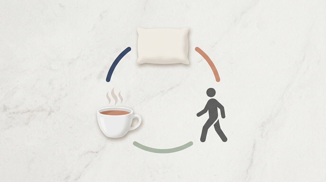Einfache Infografik mit Symbolen für Schlaf, Bewegung und kleine Auszeiten als Stabilisierungsrahmen.