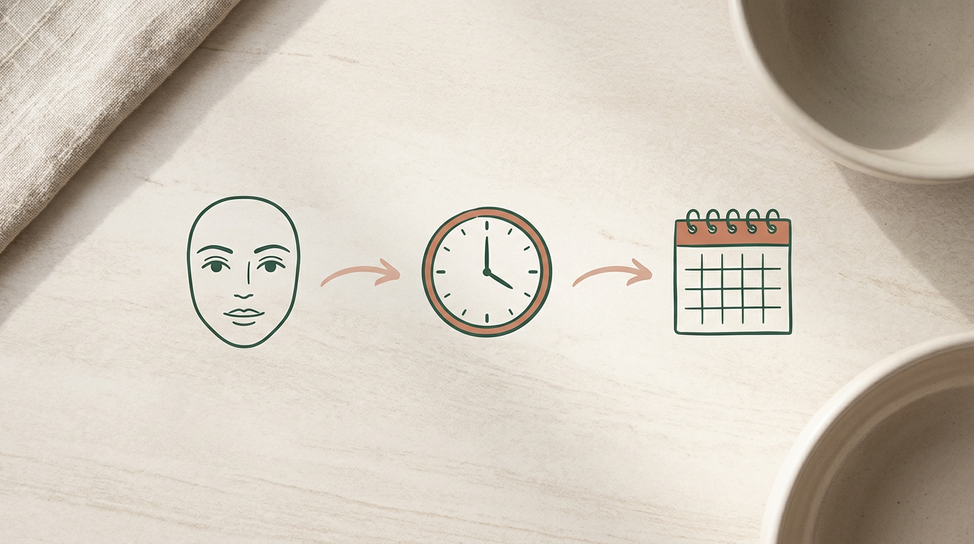 Einfache Infografik mit Symbolen für Gesicht, Zeit und Termin als Schritte einer Entscheidungsplanung.