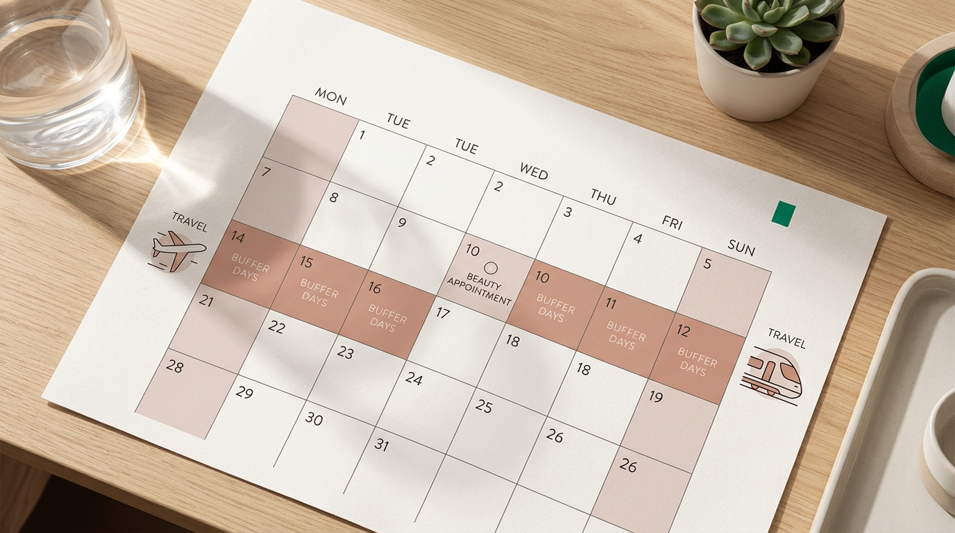 Kalender mit markiertem Beauty-Termin, umgeben von Puffer-Tagen und kleinen Reise-Symbolen als Infografik