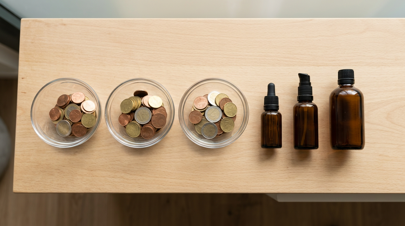 Münzen und unterschiedlich große Pflegeflaschen von oben als Symbol für ein ausgewogen geplantes Beauty-Budget.