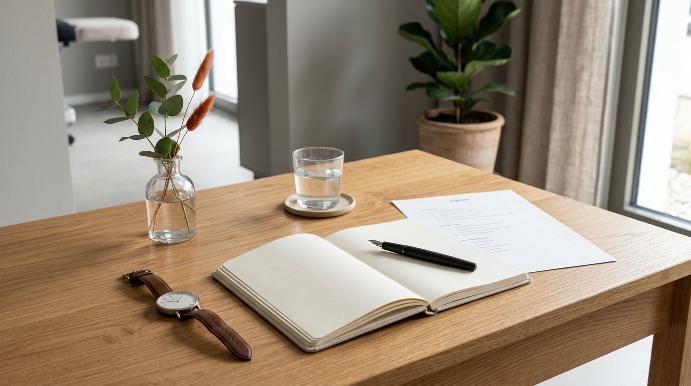 Aufgeräumter Schreibtisch mit Notizbuch und Stift als Symbol für strukturierte Meeting-Vorbereitung