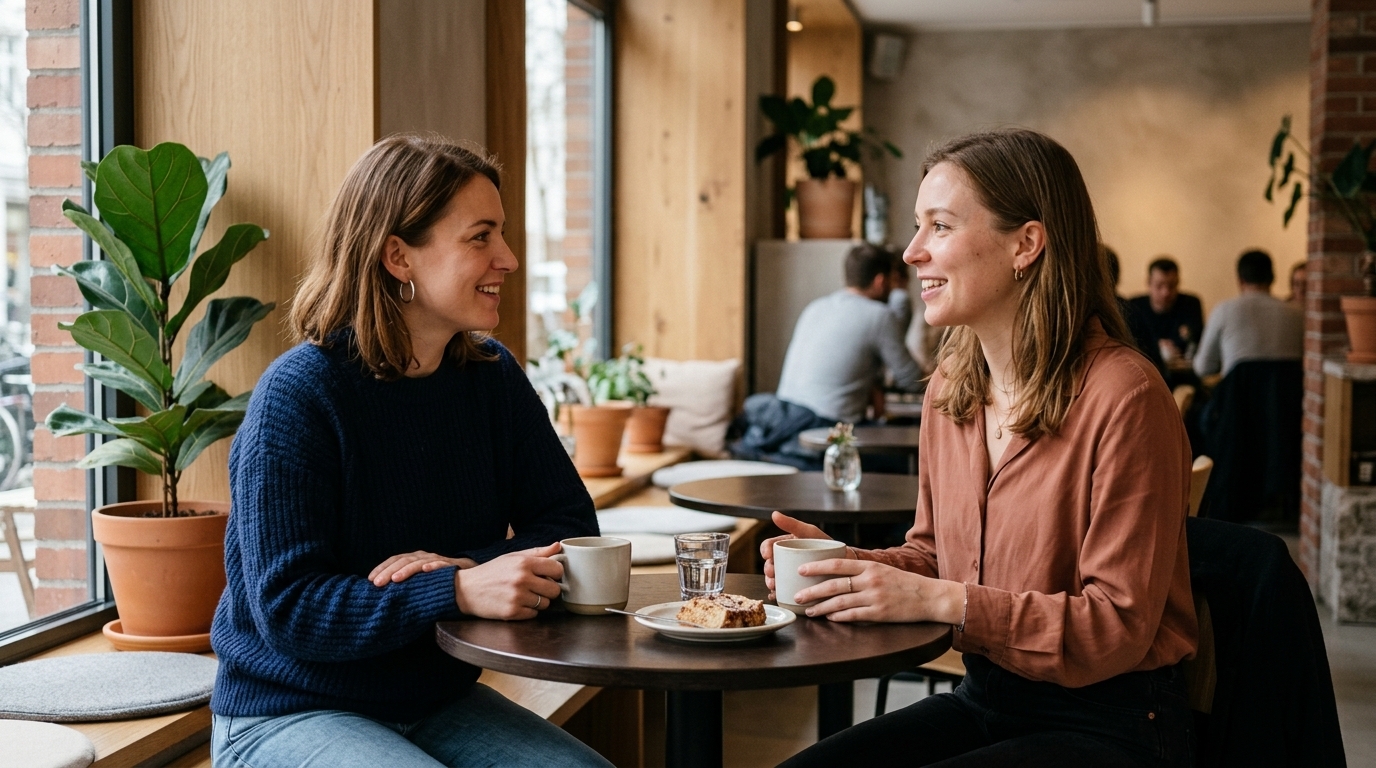 Zwei Freunde im ruhigen Cafégespräch als Symbol für schrittweisen sozialen Wiedereinstieg nach Hautsetbacks