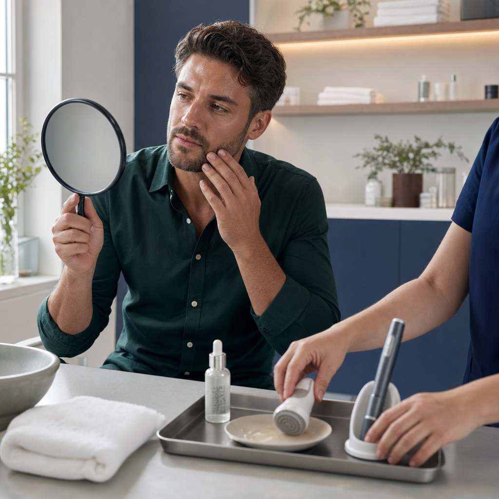Mann im Kosmetikstudio vergleicht Aquafacial und Microneedling für Poren, Glanz und Hautstruktur.