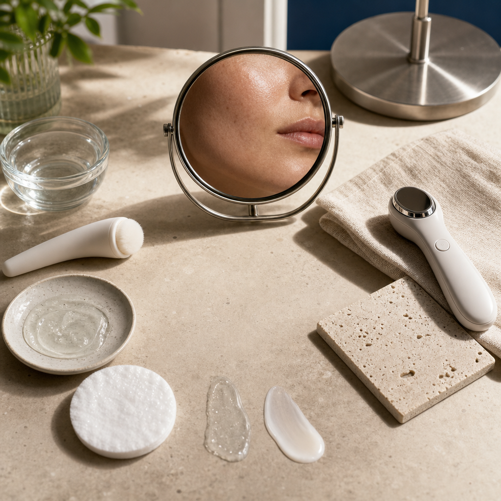 Textfreie Objektgrafik zum Vergleich von Aquafacial und Microneedling bei großen Poren.