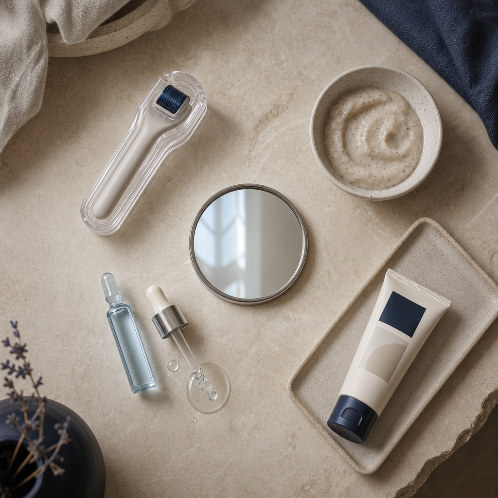 Textfreie Infografik mit Symbolen für Microneedling, Peeling, Hydradermie und SPF.