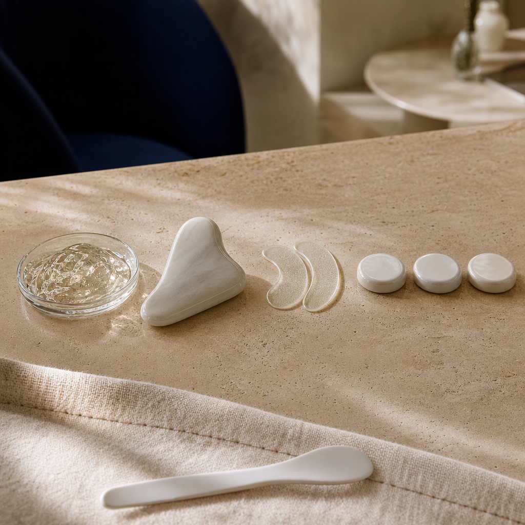 Pflegeobjekte symbolisieren Glow, Kontur, Augenpflege und Kur bei Hydradermie Guinot in Fellbach.