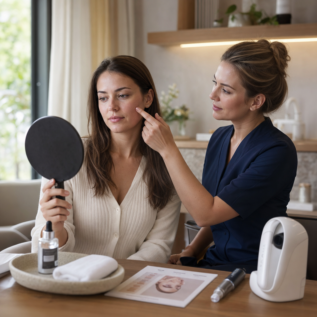 Beratungsszene zum Unterschied zwischen Microneedling und RF-Microneedling bei sichtbaren Poren