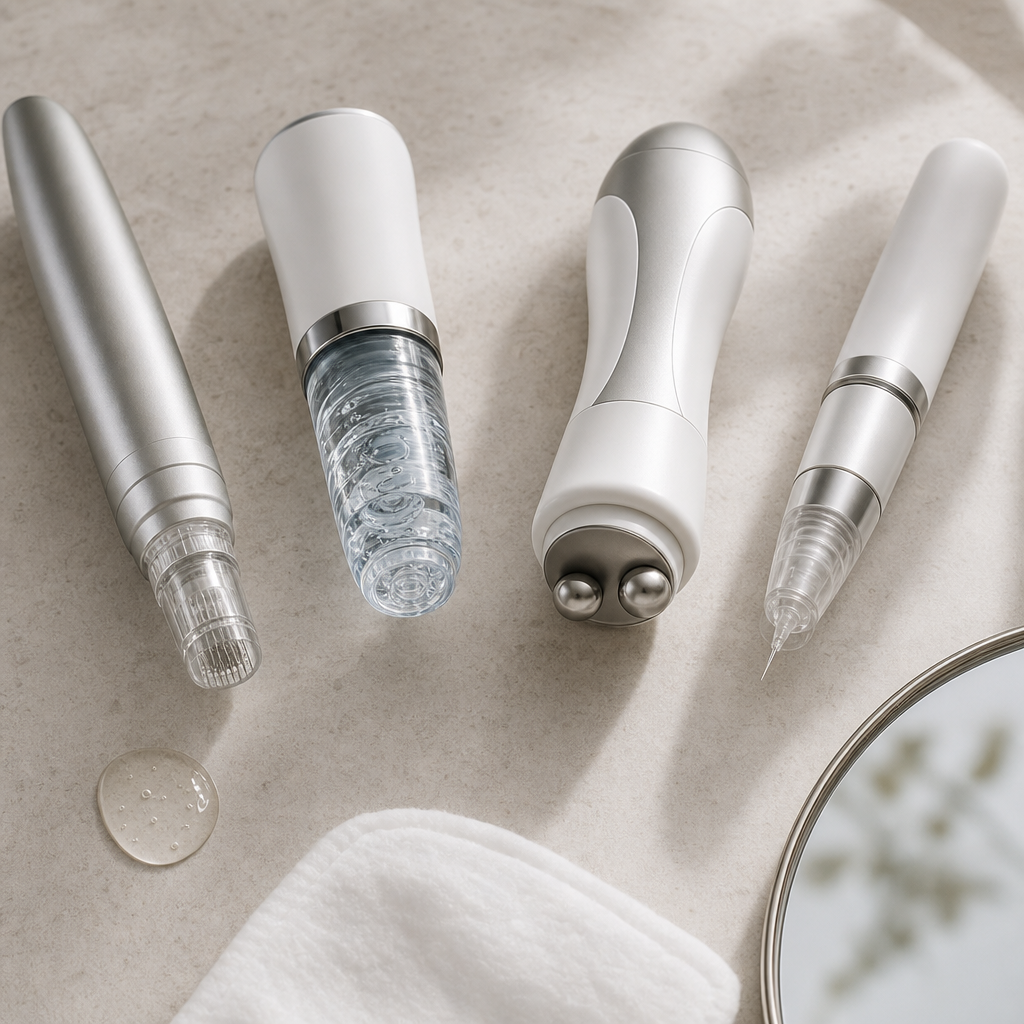 Textfreie Objektgrafik zum Vergleich von Microneedling, Aquafacial, Hydradermie und Nanoneedling