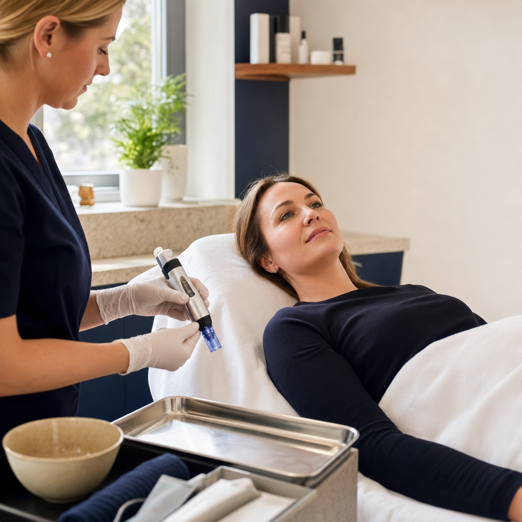 Ruhige Microneedling-Vorbereitung in einem sauberen Studio in Fellbach