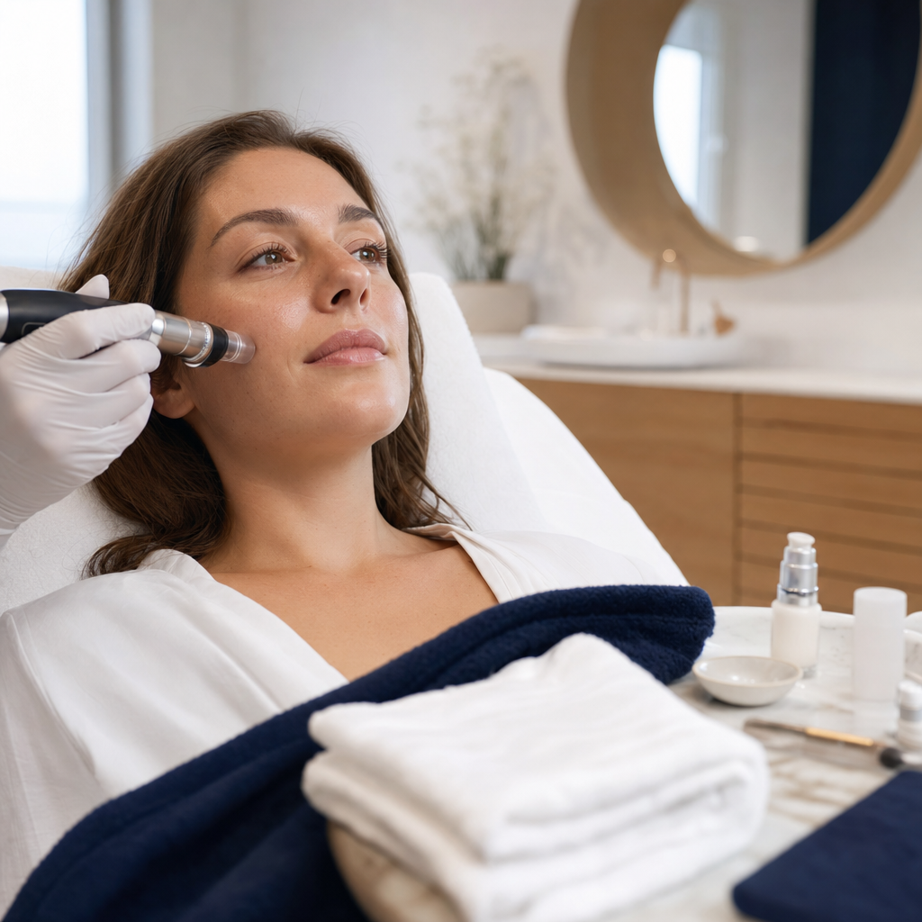 Kosmetikerin bereitet eine Microneedling-Behandlung in einem sauberen Studio vor.
