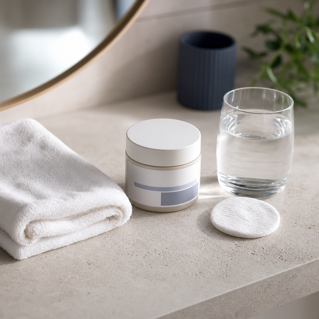 Textfreie Objektanordnung mit Handtuch, Pflegeprodukt und Wasser als Symbol für Microneedling-Nachsorge.