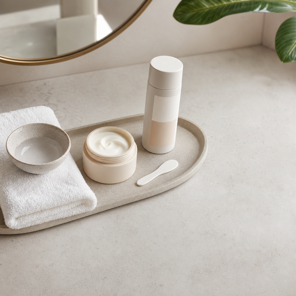 Einfache Pflegeabfolge nach Microneedling mit Handtuch, Feuchtigkeitscreme und Sonnenschutz.