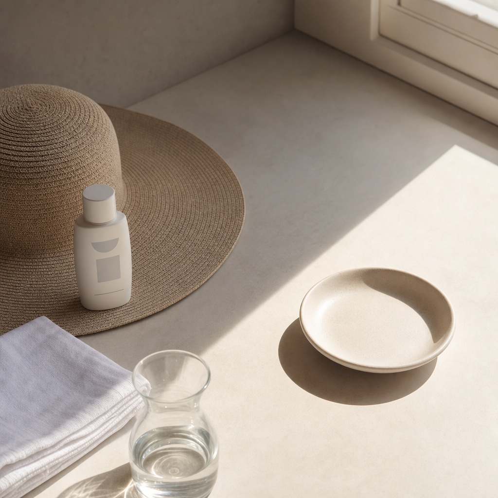 Sonnencreme, Sonnenhut und heller Lichtfleck als einfache Darstellung von Sonnenschutz nach Microneedling