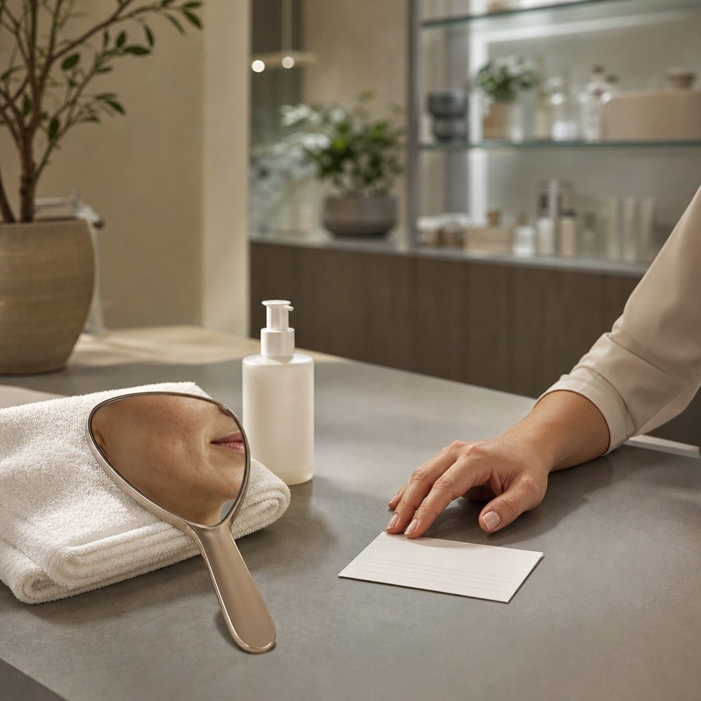 Beratungsszene mit Spiegel, Pflege und Terminplanung als Symbol für den richtigen Zeitpunkt beim Microneedling