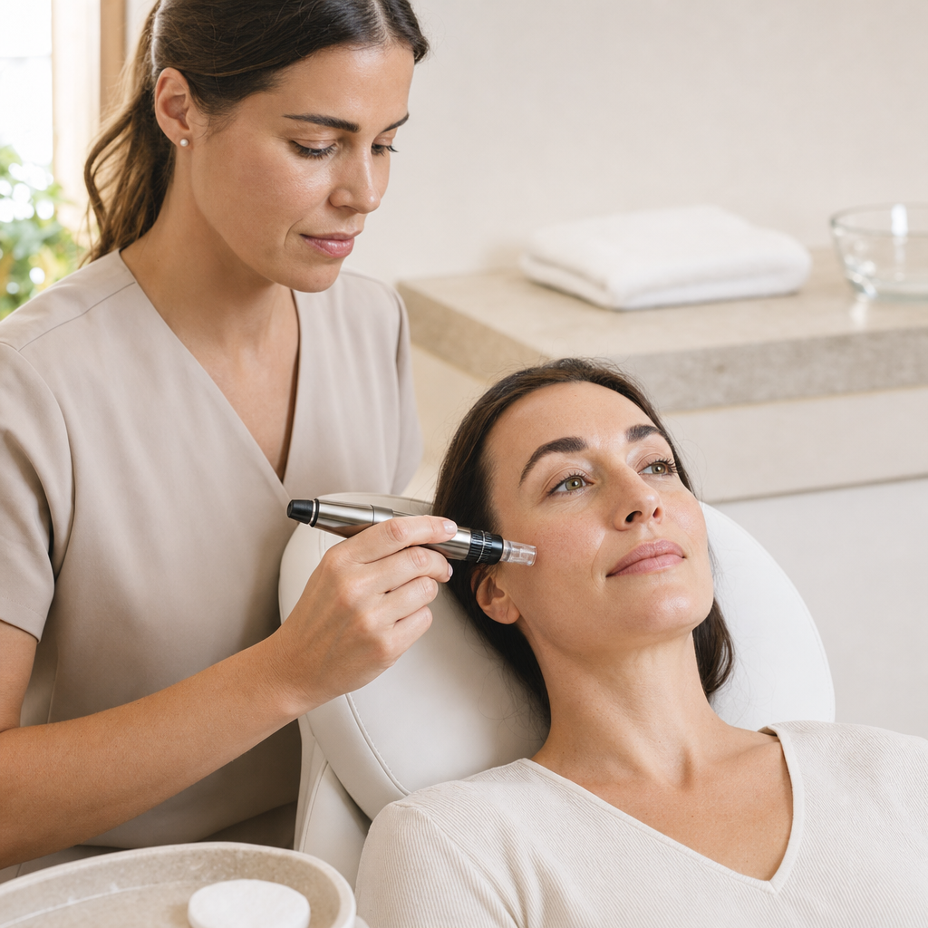 Kosmetische Fachperson hält einen Microneedling-Pen nahe an die Wange einer Kundin im hellen Studio.