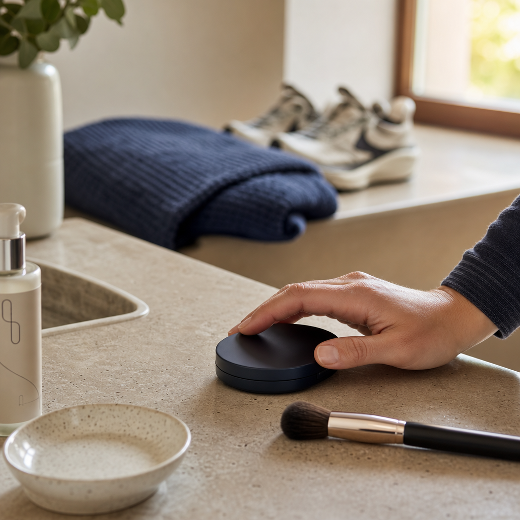 Kosmetikpinsel, Handtuch und Laufschuhe als ruhige Nachsorge-Szene nach Microneedling