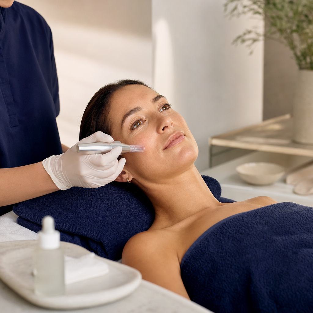 Professionelle Microneedling-Szene in einem sauberen Beauty-Studio mit ruhiger Kundin.