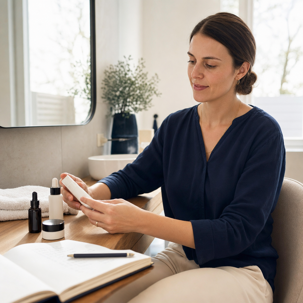 Person bereitet sich mit Notizbuch und Pflegeprodukten auf den ersten Microneedling-Termin vor.