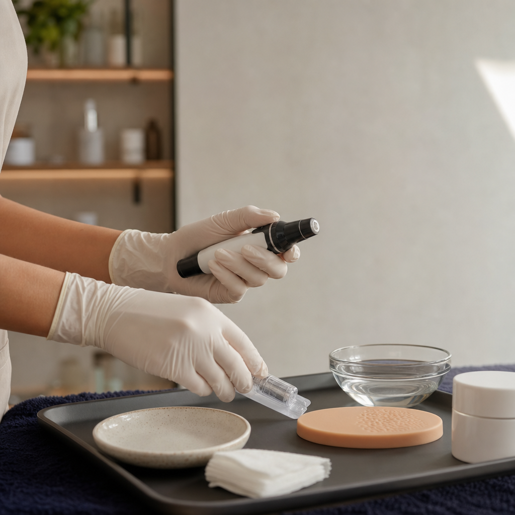 Gloved hands prepare a microneedling device in a clean beauty studio setting.