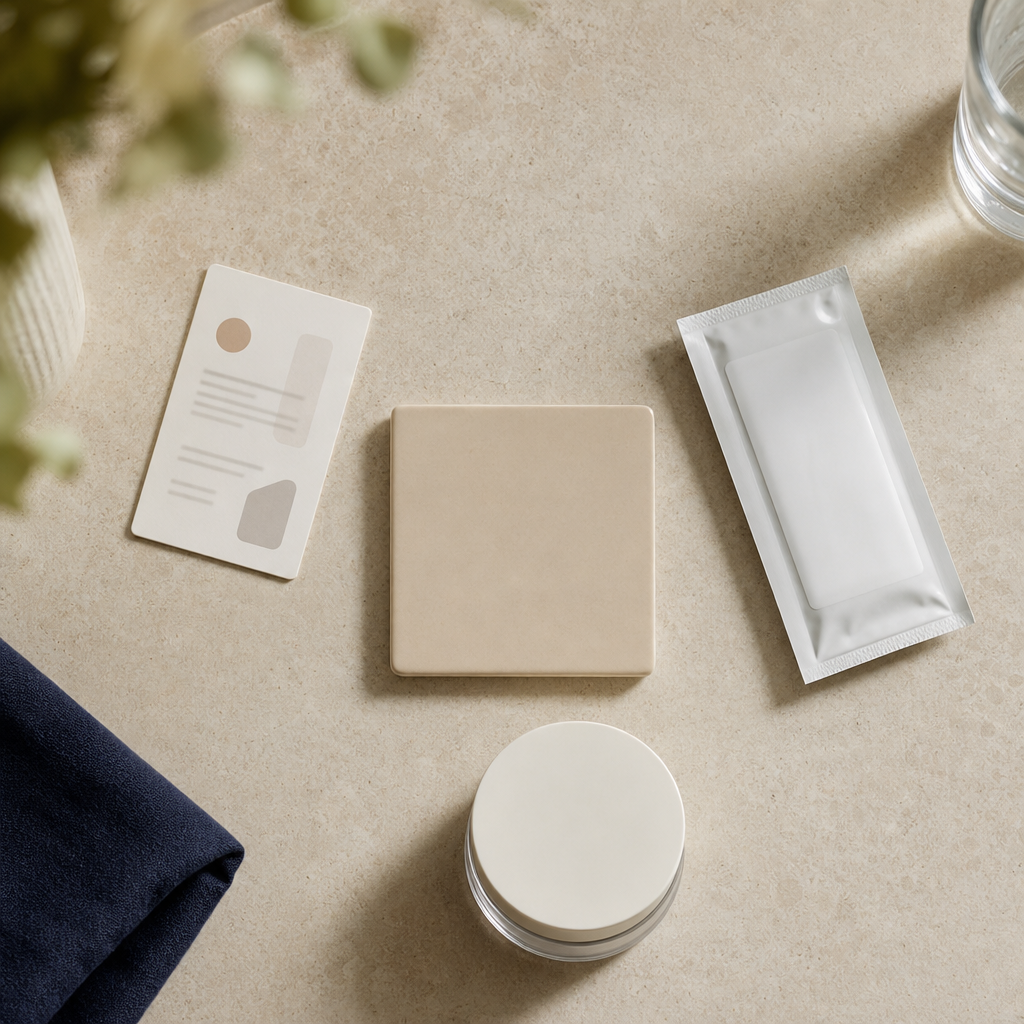 Textfreie Objektgrafik mit Beratungskarte, Hygiene-Pouch und Pflegecreme für Microneedling-Sicherheitschecks.