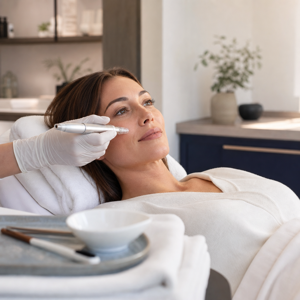 Kosmetikerin hält ein Microneedling-Gerät in einem sauberen Studio nahe an die Wange einer entspannten Kundin.