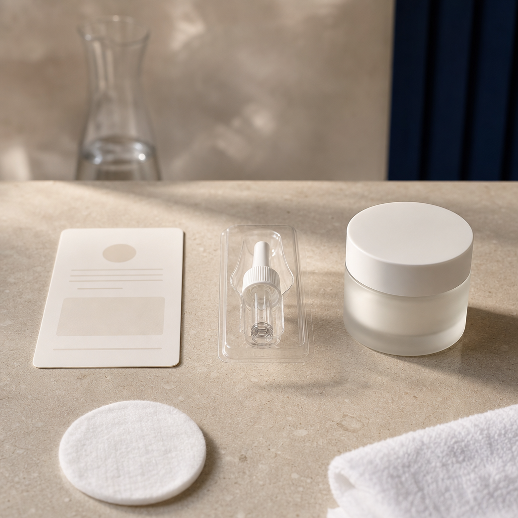 Textfreie Darstellung mit Beratungskarte, sauberem Behandlungselement und Pflegeprodukt als Symbol für Microneedling-Vorbereitung.