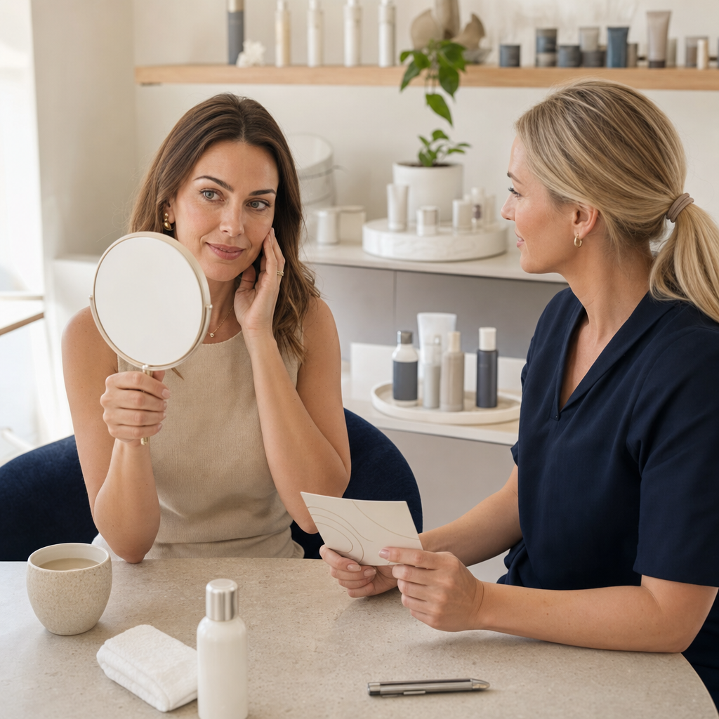 Beratungsszene vor einem ersten Microneedling-Termin mit Hautcheck und Notizen.