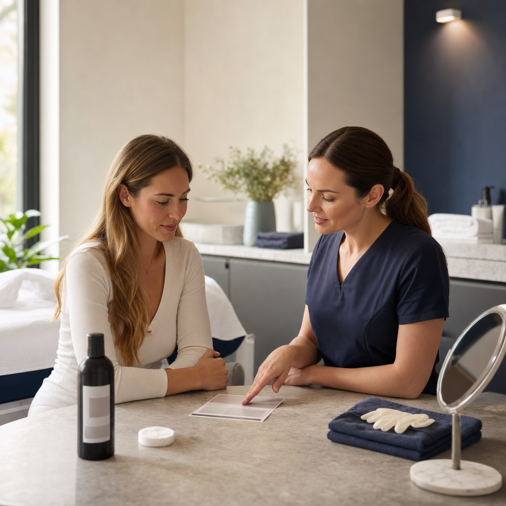 Beratungsszene in einem Beauty-Studio vor einer Microneedling-Behandlung in Fellbach.