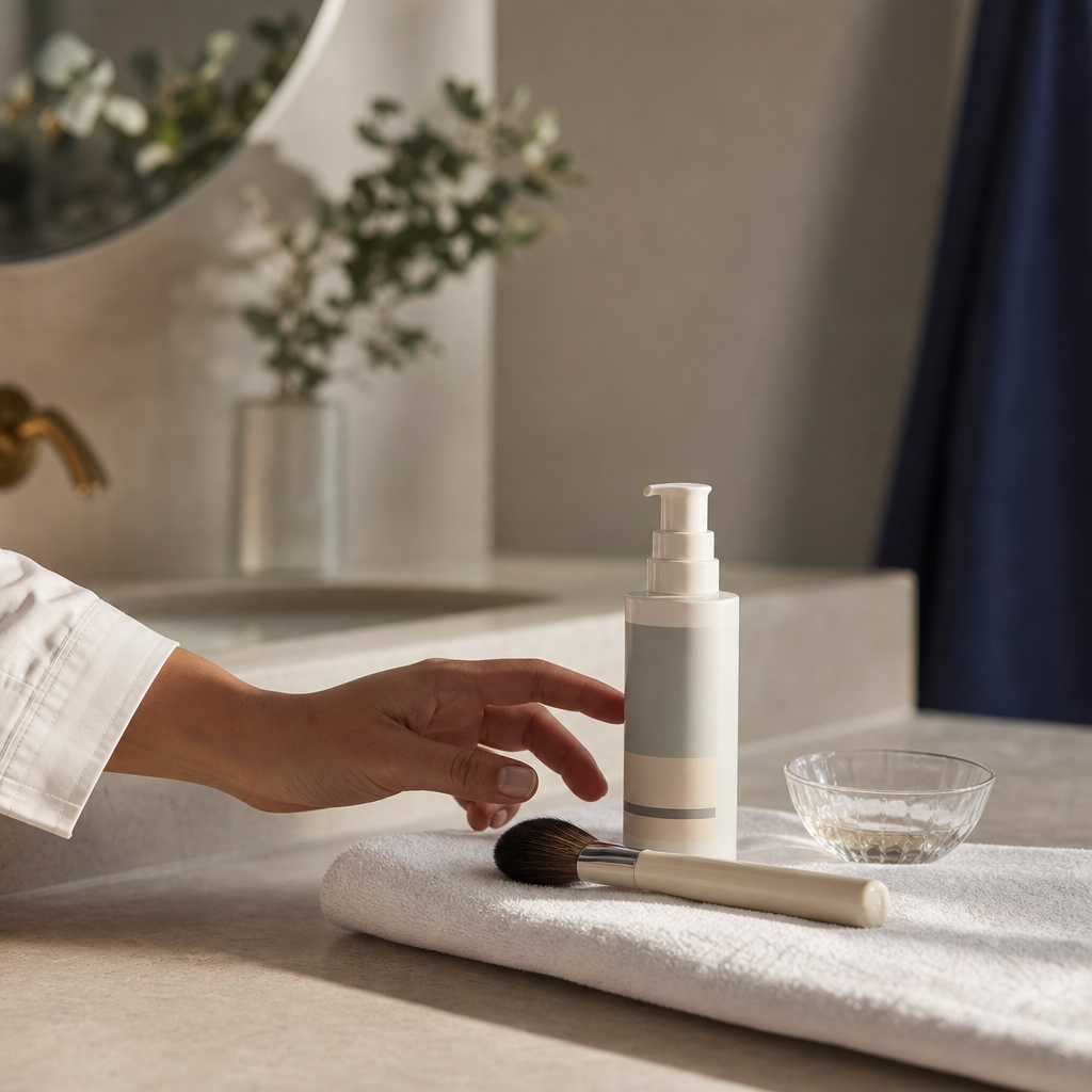 Sonnenschutz, Make-up-Pinsel und Handtuch auf einem Badwaschtisch nach Microneedling.