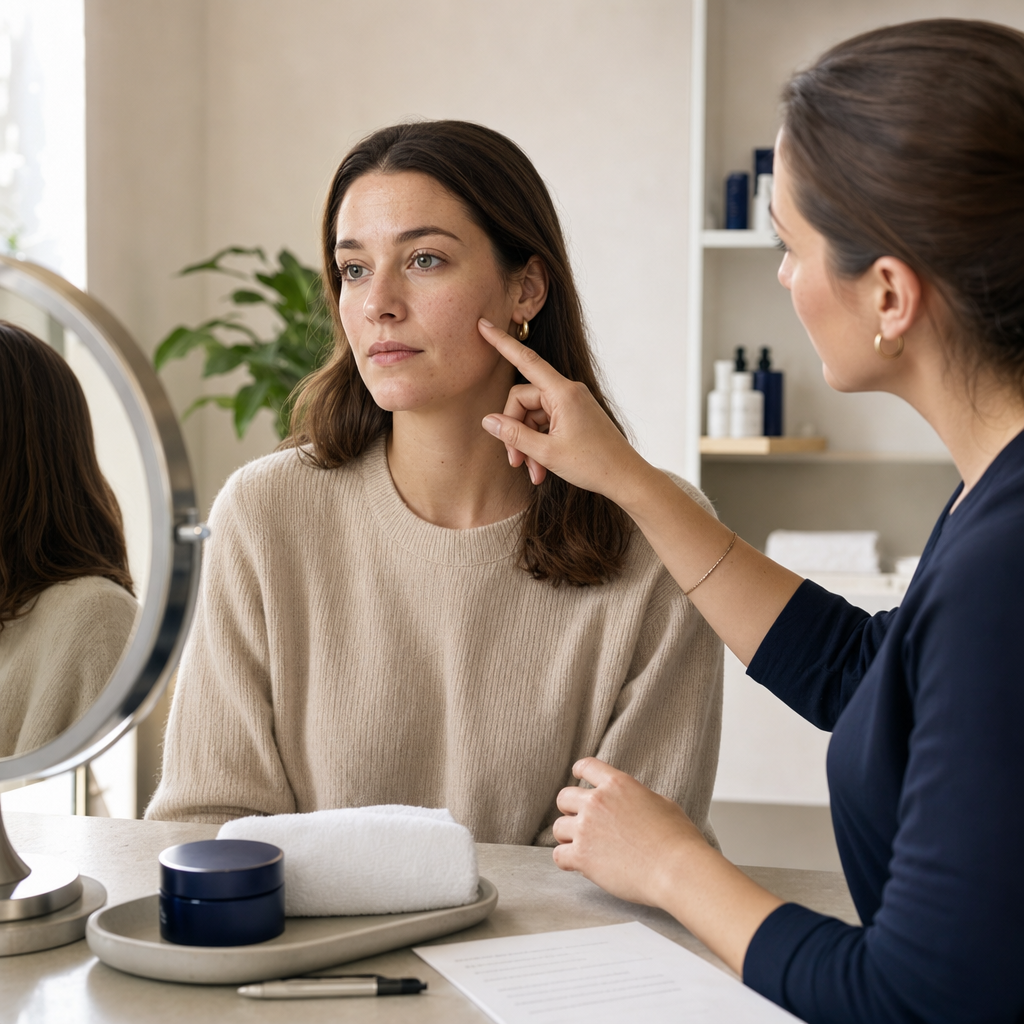 Beratungsszene zur Unterscheidung von aktiver Akne und Aknespuren vor Microneedling