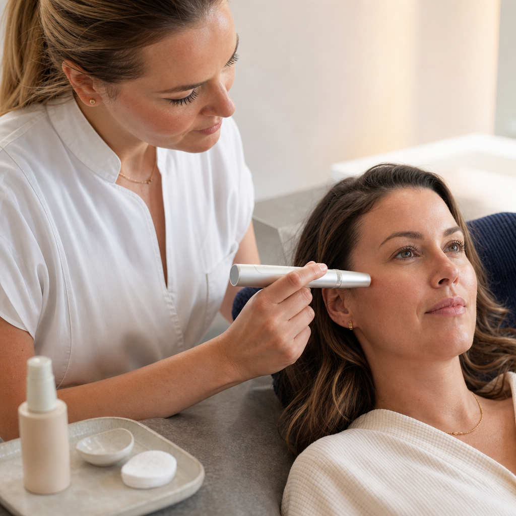 Microneedling Pen nahe an natürlicher Gesichtshaut in einem ruhigen Beauty-Studio