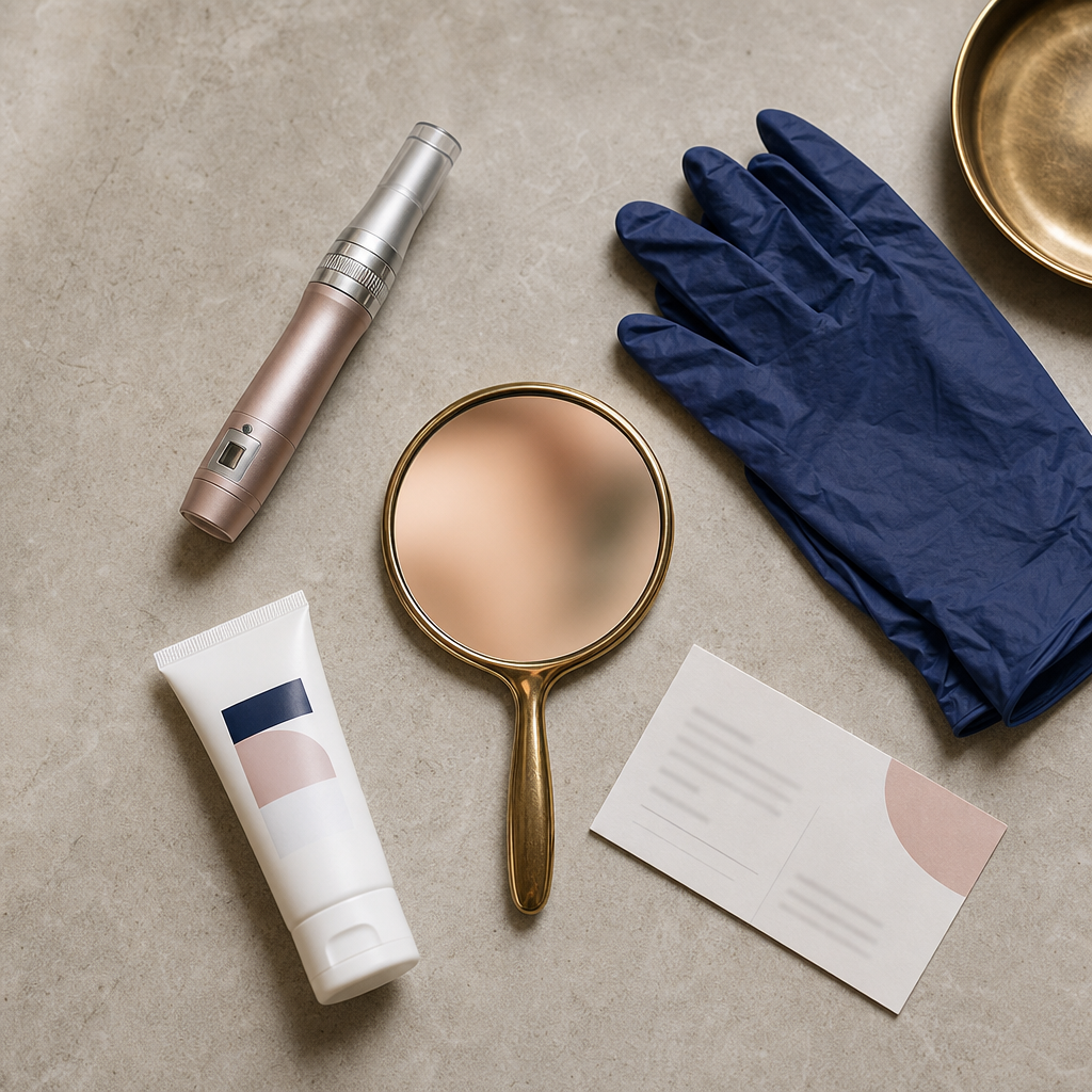 Textfreie Infografik mit Spiegel, Handschuhen, Pflegeprodukt und Microneedling-Gerät als Beratungschecks.