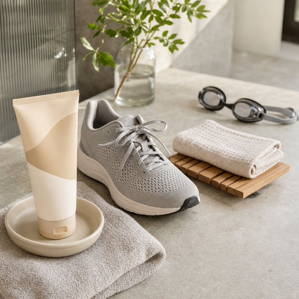 Textfreie Anordnung aus Sonnenschutz, Sportschuh, Saunatuch und Schwimmbrille als Nachsorge-Orientierung.