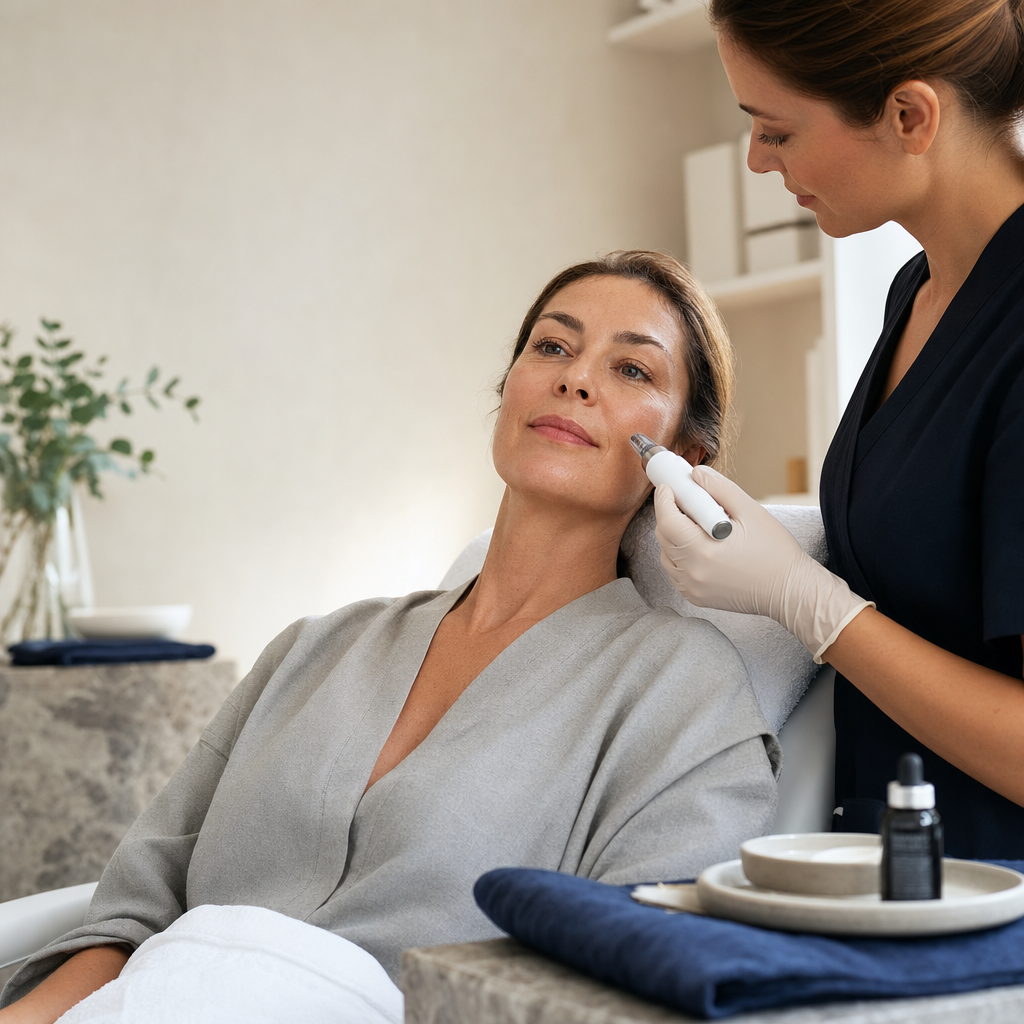 Entspannte Kundin bei einer kontrollierten Microneedling-Sitzung in einem sauberen Kosmetikstudio.