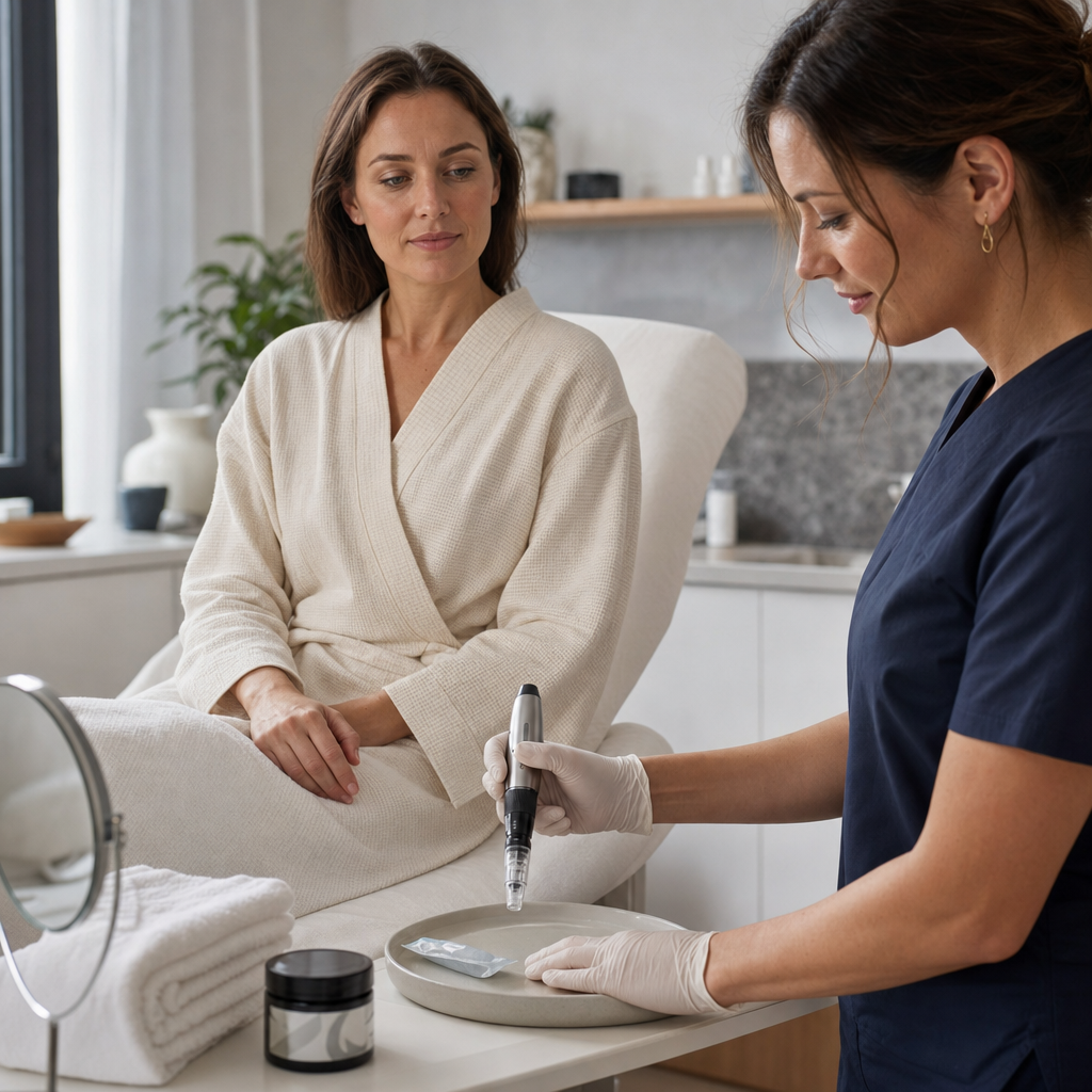 Kosmetikerin bereitet in einem sauberen Studio eine Microneedling-Behandlung für eine entspannte Kundin vor.