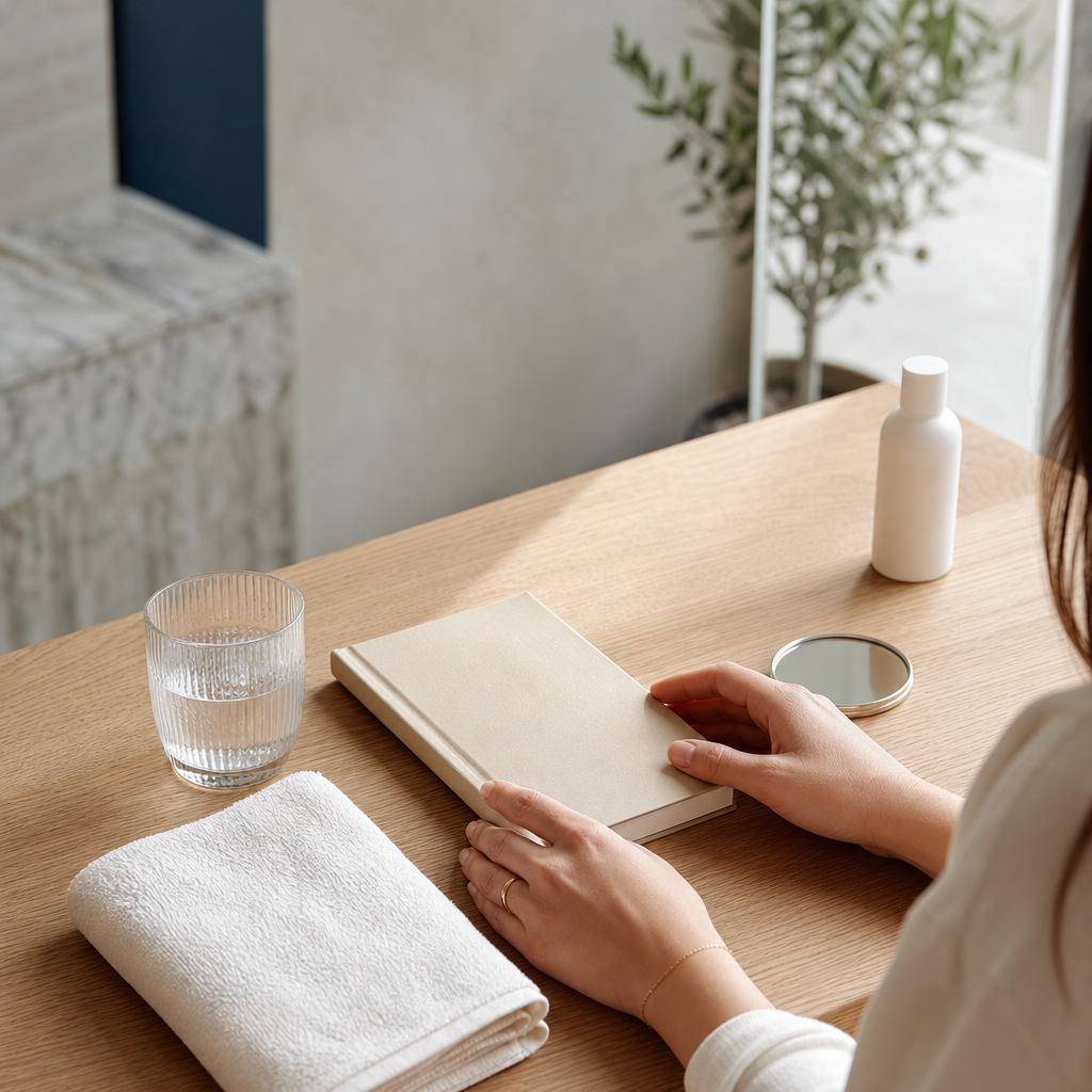 Vorbereitete Notizen, Spiegel und neutrale Pflegeprodukte vor dem ersten Microneedling-Termin.