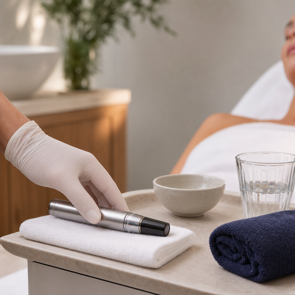 Gloved hand legt ein Microneedling-Gerät in einem sauberen Studio bereit.