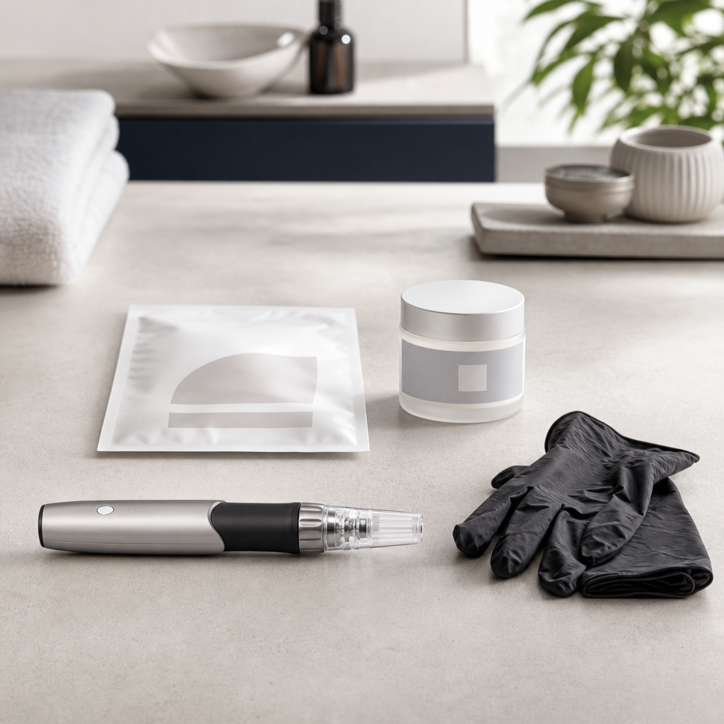 Hygienische Microneedling-Utensilien als einfache textfreie Darstellung von Sicherheit und Vorbereitung.