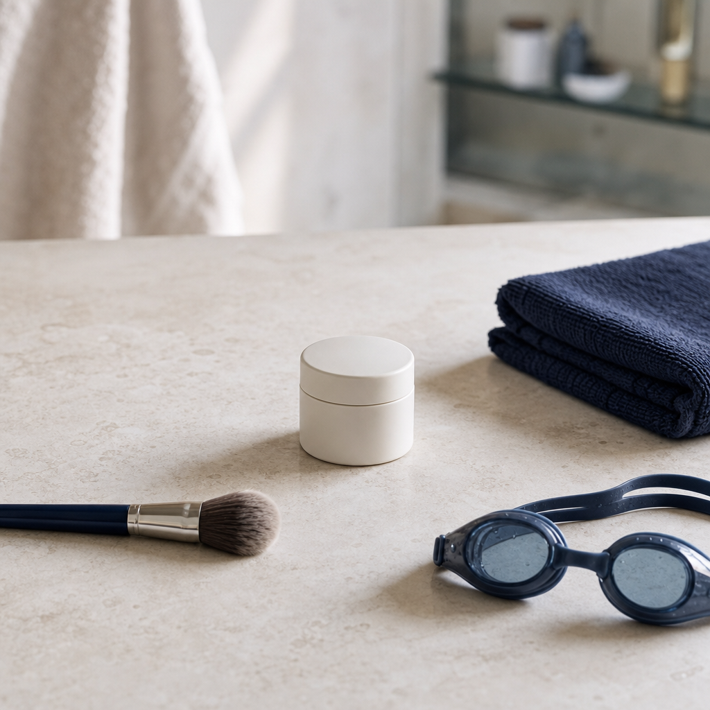 Textfreie Anordnung von Pflegecreme, Make-up-Pinsel, Sporthandtuch und Schwimmbrille als Nachsorge-Hinweis nach Microneedling.